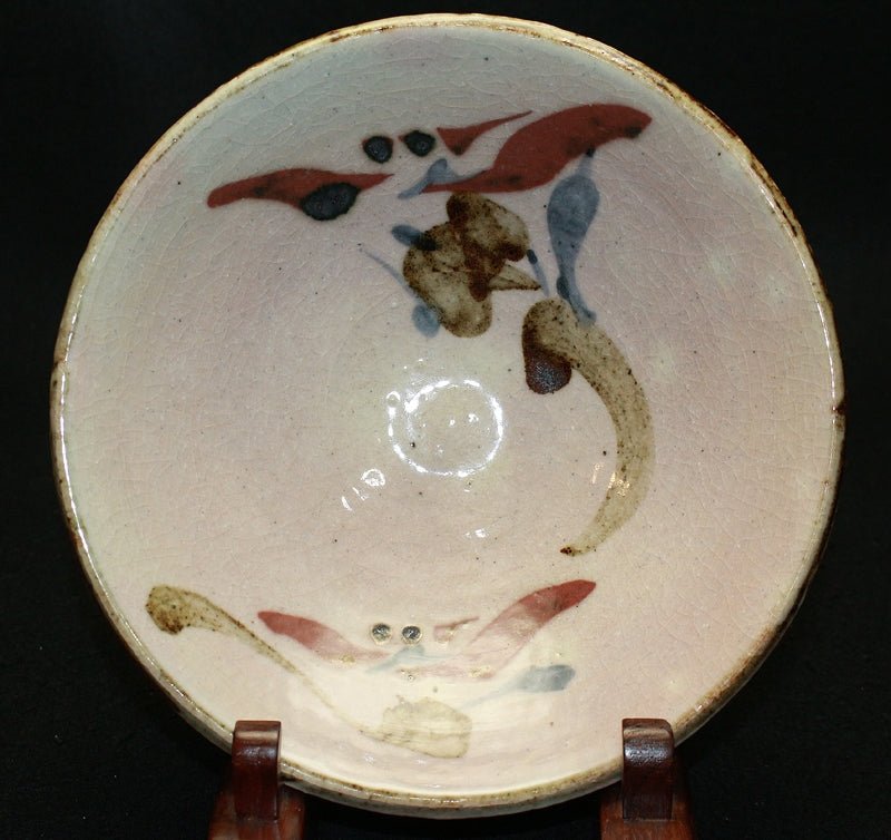 河井寛次郎作柿緑釉麻布目輪花三ツ足皿 製作番