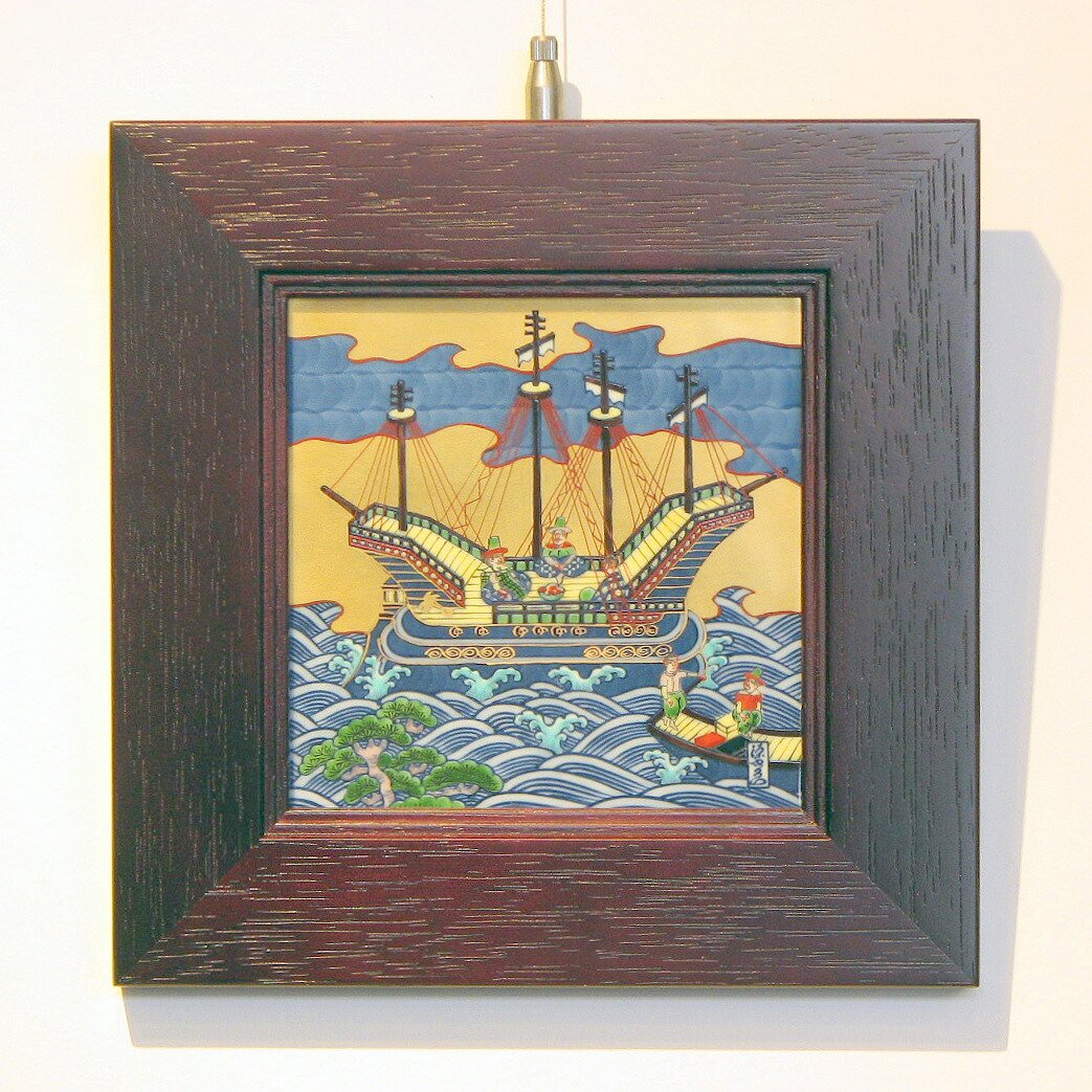 有田焼 源右衛門窯 陶額 陶板画 鶉 金彩染付 染錦粟に鶉絵 源右衛門 陶
