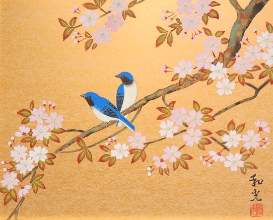 絵画 桜に瑠璃鳥 (三宅和光) 送料無料 【肉筆】【桜絵】【日本画】【花