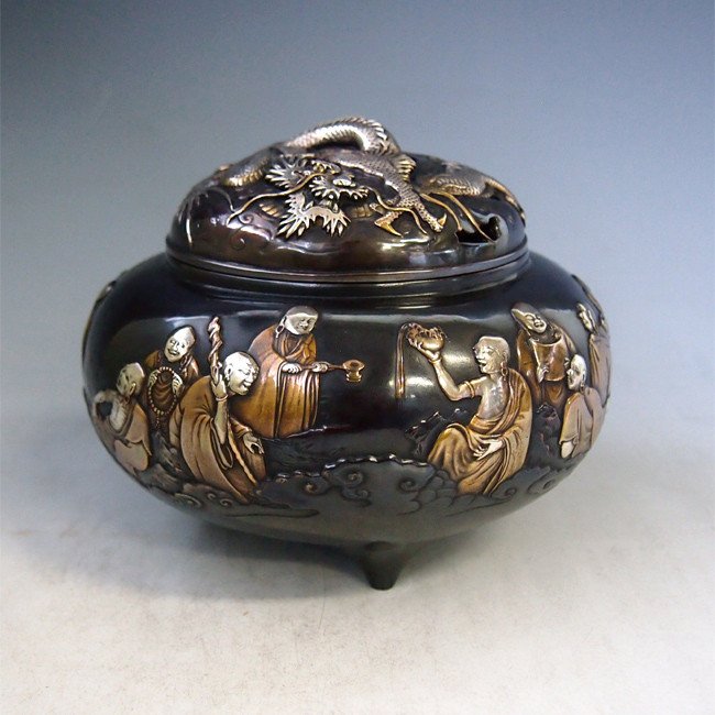 dk60-07,十六羅漢香炉 雲龍蓋 内島青鳳作 【 高岡銅器 】