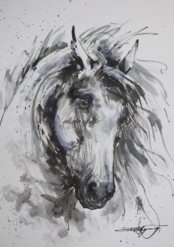 水墨画 馬の抽象画 金色フレーム絵画27✖️24 葦毛の馬のポート
