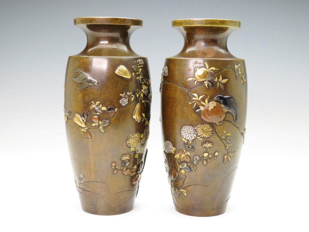 美山 銅器製 花瓶 波に千鳥の文様 茶道具 花入れ 骨董品 美術品