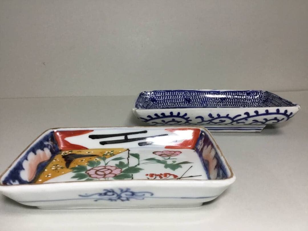 ◆長皿２枚◆色絵 染付 菓子皿 角皿 和食器 大正ロマン 古伊万里