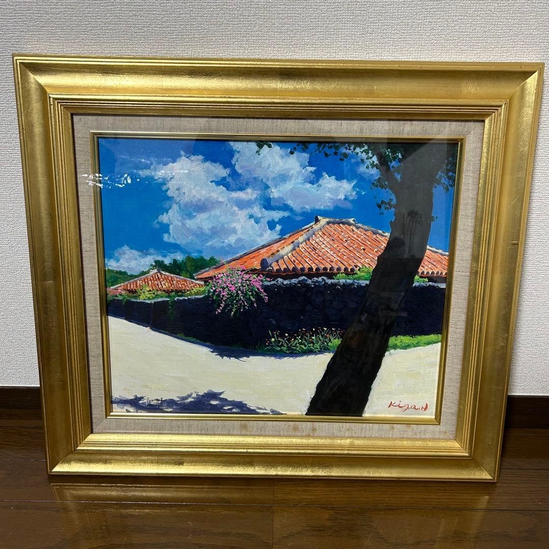 【真作】 比嘉英男 油彩画　8号　群青　沖縄の風景