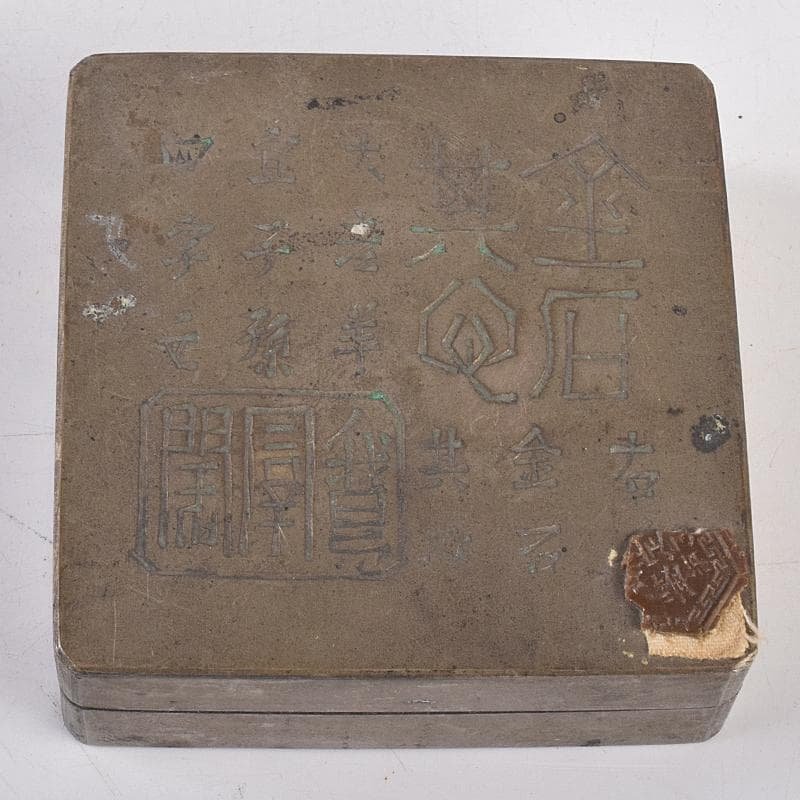 taka　中国　古錫漢詩刻　四方盒子肉池　小箱　約193g　D　R8858