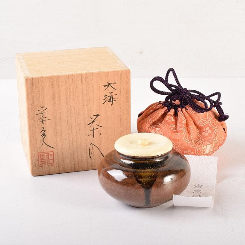 茶道具　京焼　笹田仁史造　大海茶入　宗薫緞子仕覆付　共箱　V　7199 茶道具 京焼 笹田仁史造 大海茶入 宗薫緞子仕覆付 共箱 V
