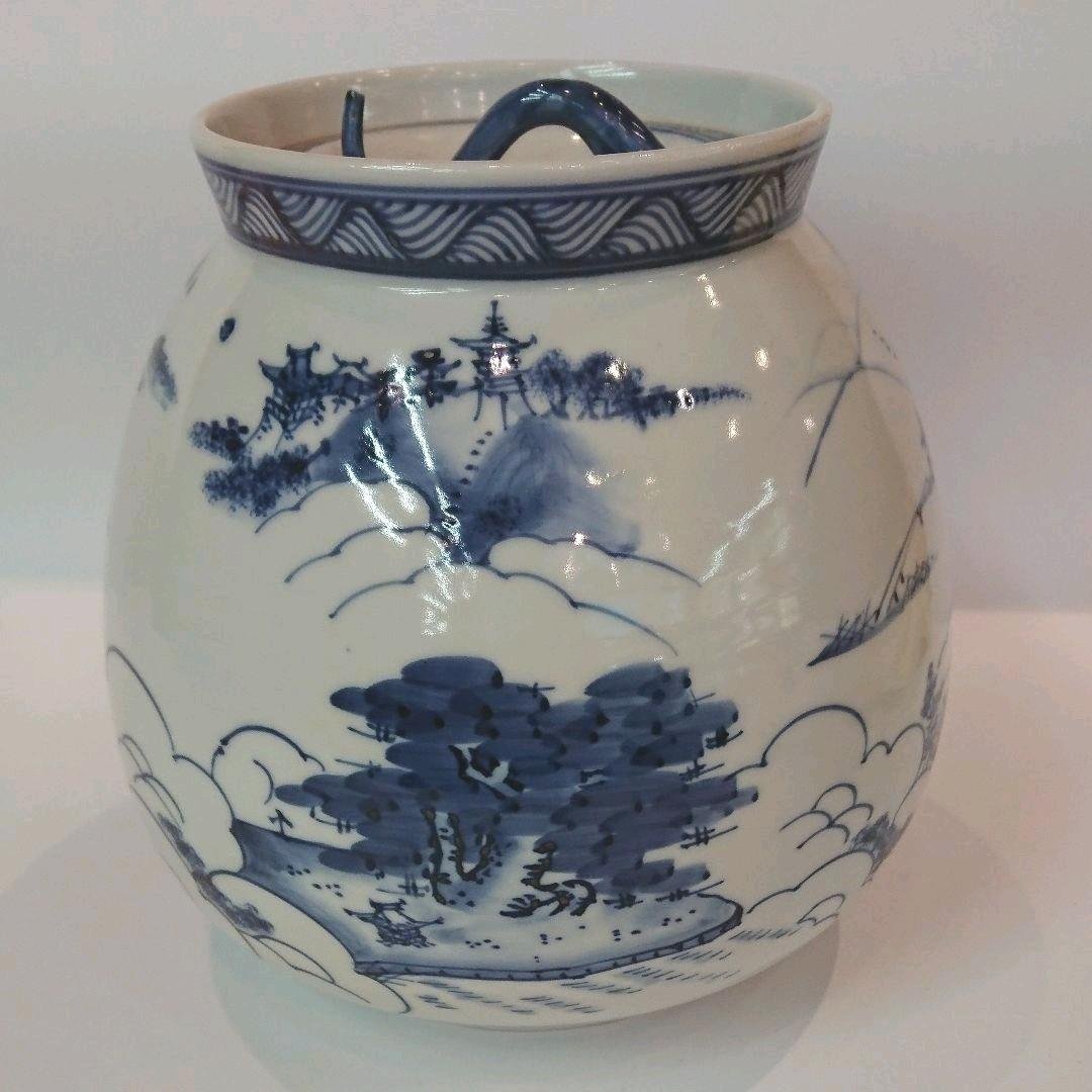 【茶道具】膳所焼 岩崎新定作 染付 近江八景絵 芋頭水指