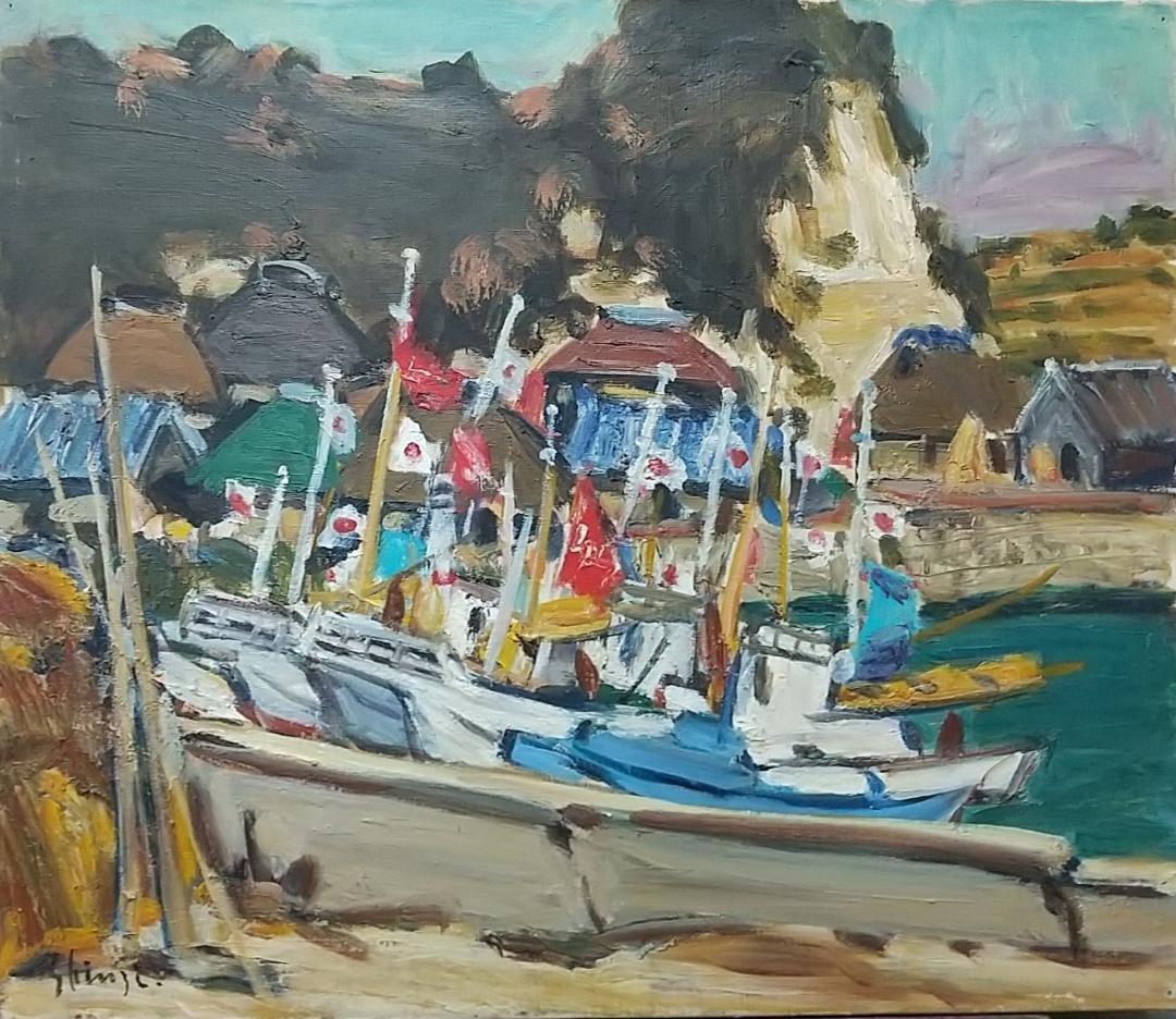 「浜の正月」F10 '68 油絵 絵画 油彩画 日本 日の丸 国旗