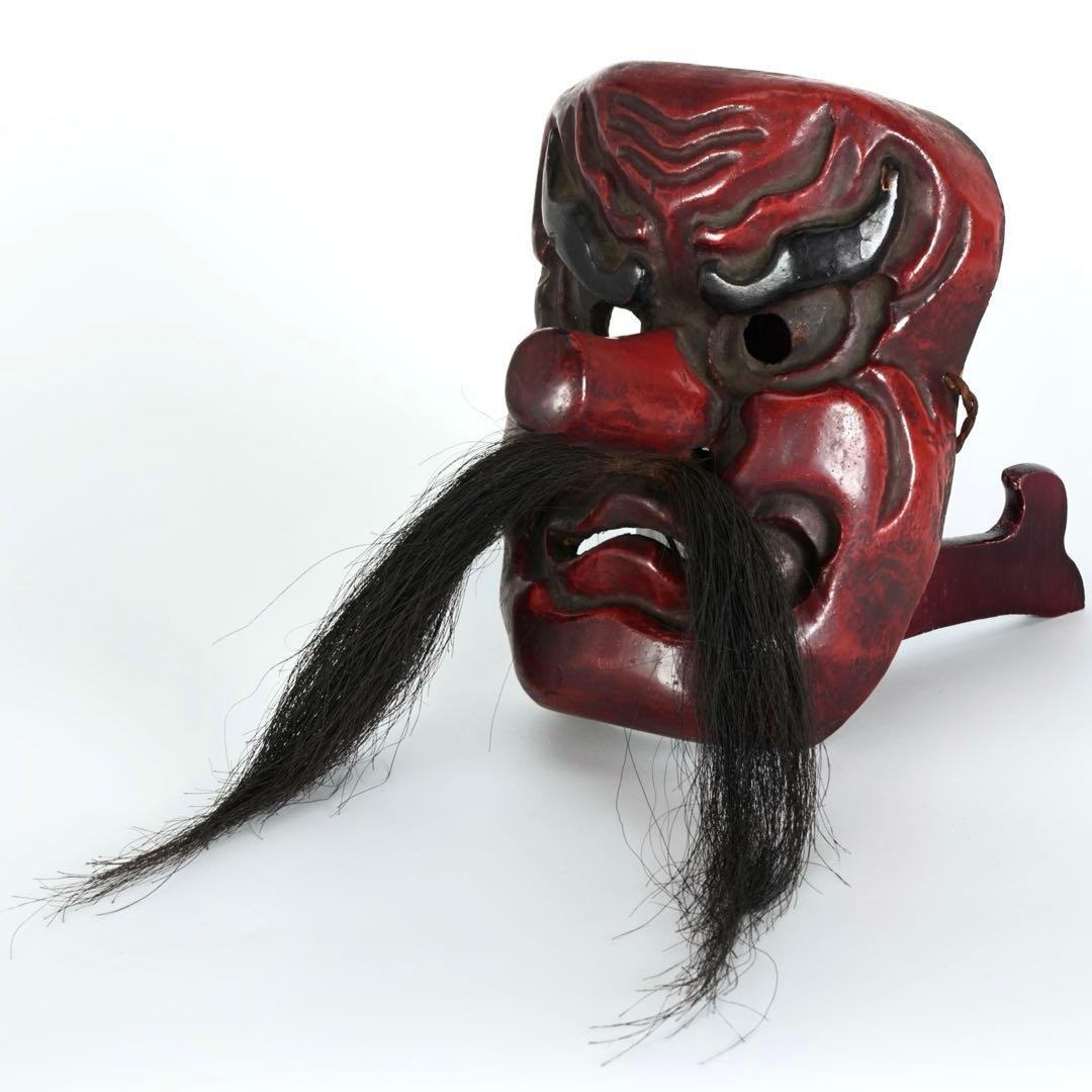 木彫神楽面 小天狗 赤天狗 古面 縁起物 魔除け 能面 狂言面 古美術 骨董品 木彫神楽面 小天狗 赤天狗 古面 縁起物 魔除け 能面 狂言面 古美術