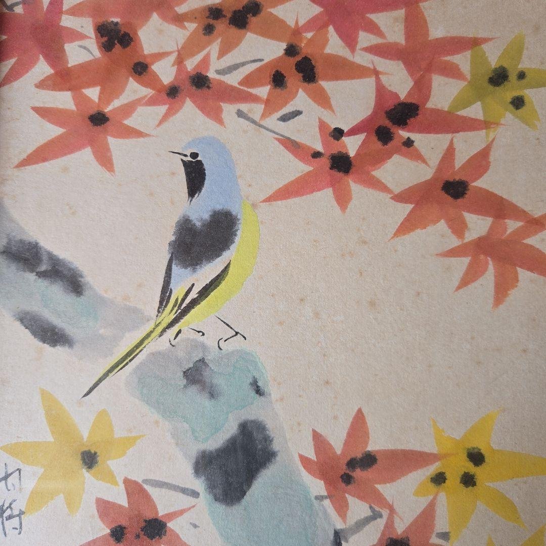 額付き紅葉と鳥日本画