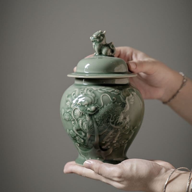 中国美術 茶筒 茶器 茶入れ 青磁 茶道具 麒麟紋 送料込み